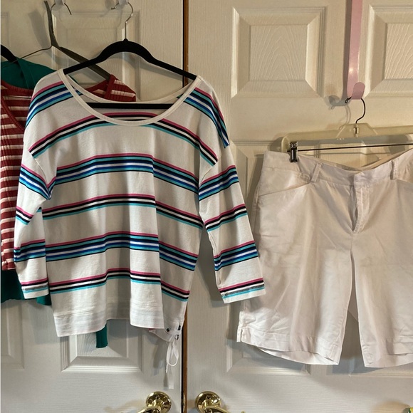 Bundle of Talbots striped shirt, white Dockers golf shorts & pink lace crop top - Picture 1 of 10